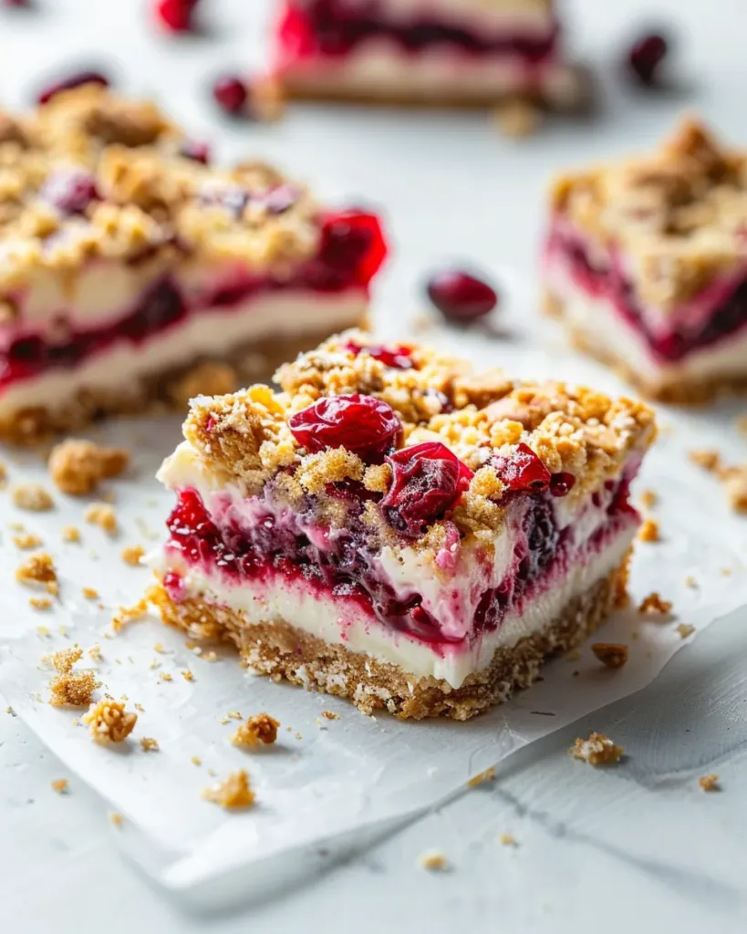 ''Easy Cranberry Cheesecake Bars with Crumble Topping