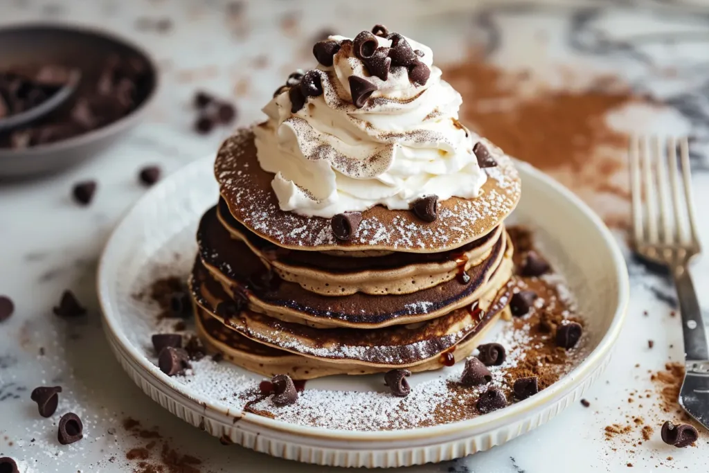 Hot Chocolate Pancakes with Whipped Cream