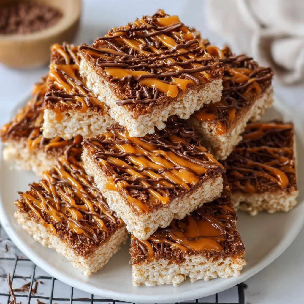 Chocolate Churro Rice Krispie Treats with Caramel Drizzle